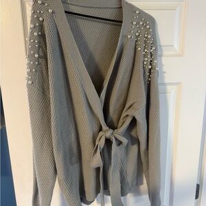 Beaded Tie-Front Knit Sweater Cardigan - Gray